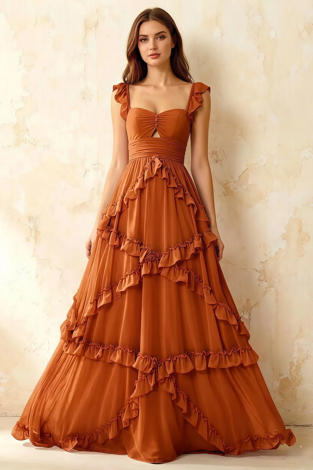 Johanna Burnt Orange Chiffon Cutout Ruffles Maxi Dress