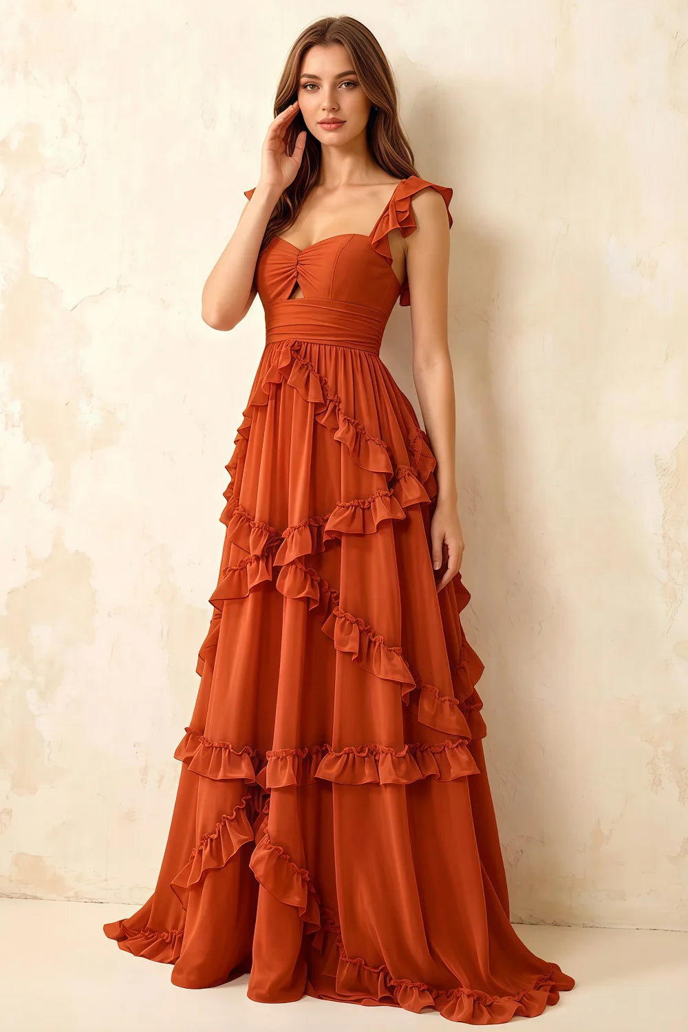 Johanna Burnt Orange Chiffon Cutout Ruffles Maxi Dress