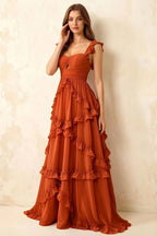 Johanna Burnt Orange Chiffon Cutout Ruffles Maxi Dress