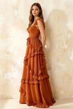 Johanna Burnt Orange Chiffon Cutout Ruffles Maxi Dress