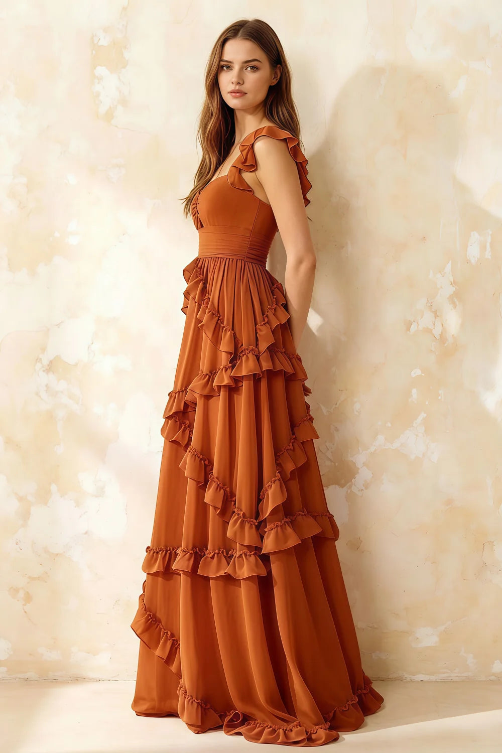 Johanna Burnt Orange Chiffon Cutout Ruffles Maxi Dress