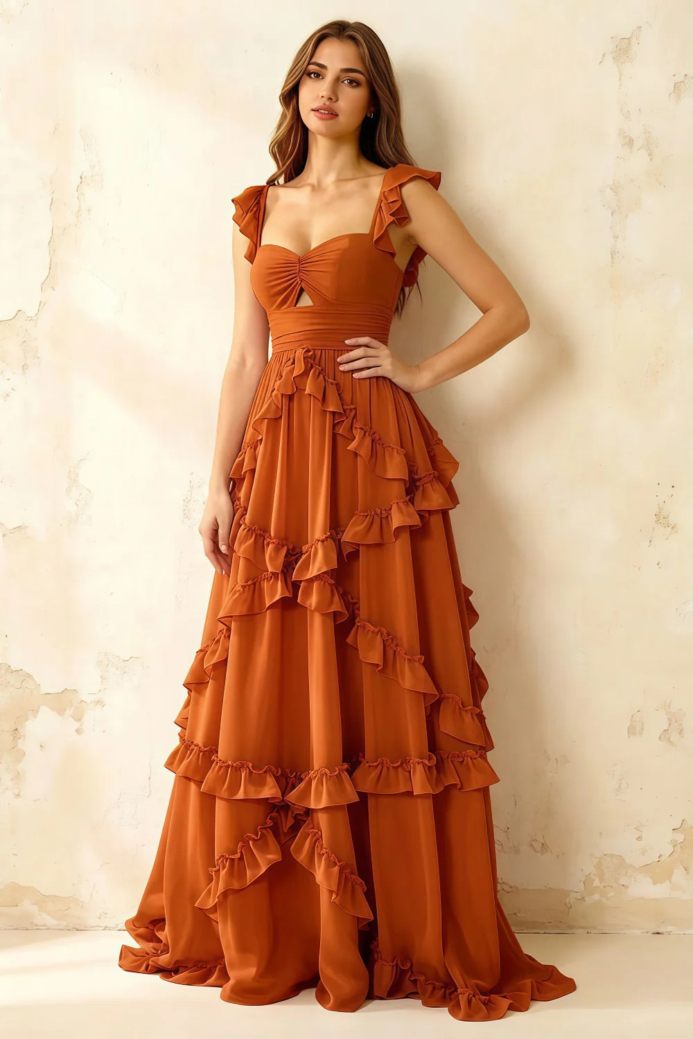 Johanna Burnt Orange Chiffon Cutout Ruffles Maxi Dress