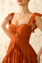 Johanna Burnt Orange Chiffon Cutout Ruffles Maxi Dress