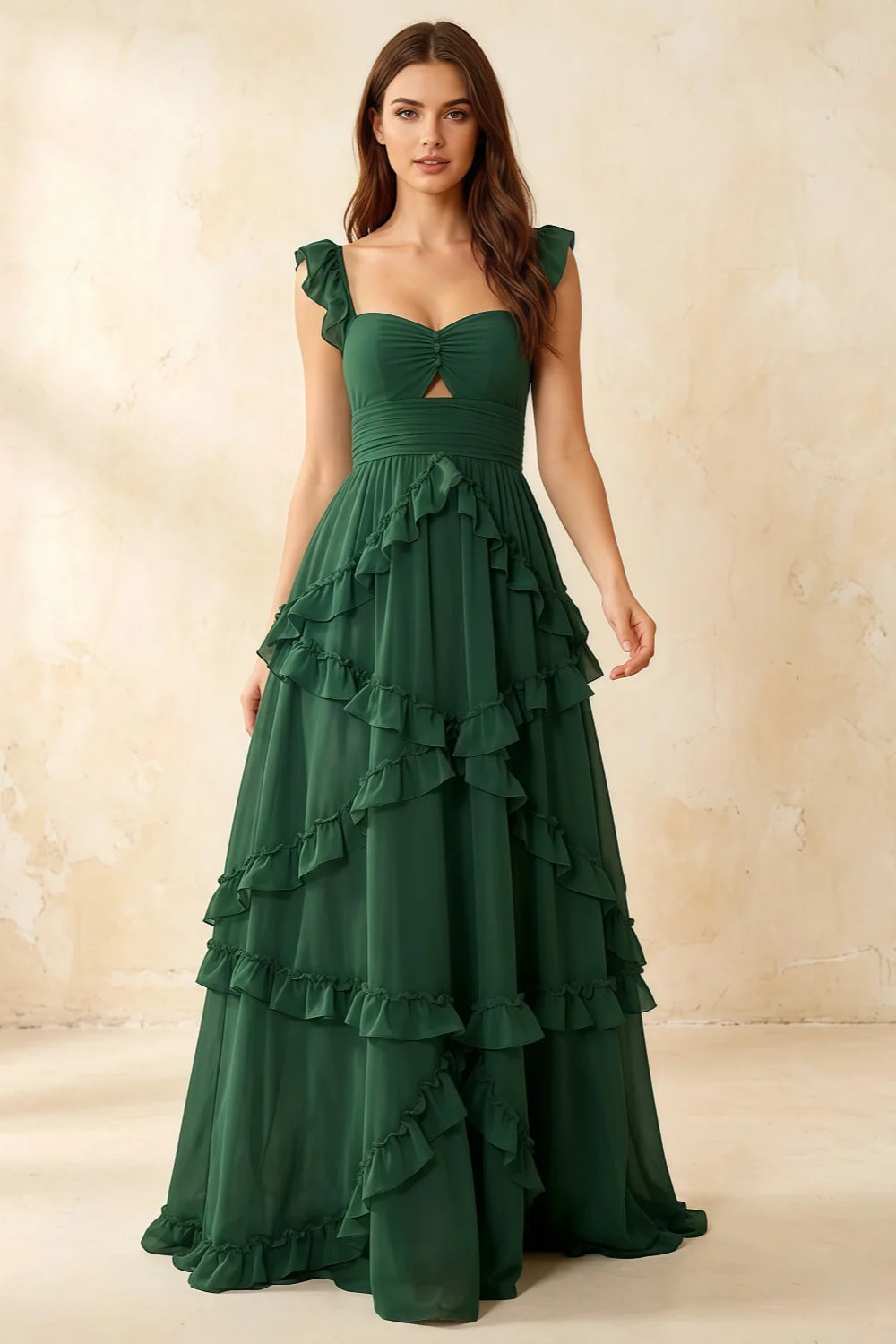 Johanna Emerald Green Chiffon Cutout Ruffles Maxi Dress Main image