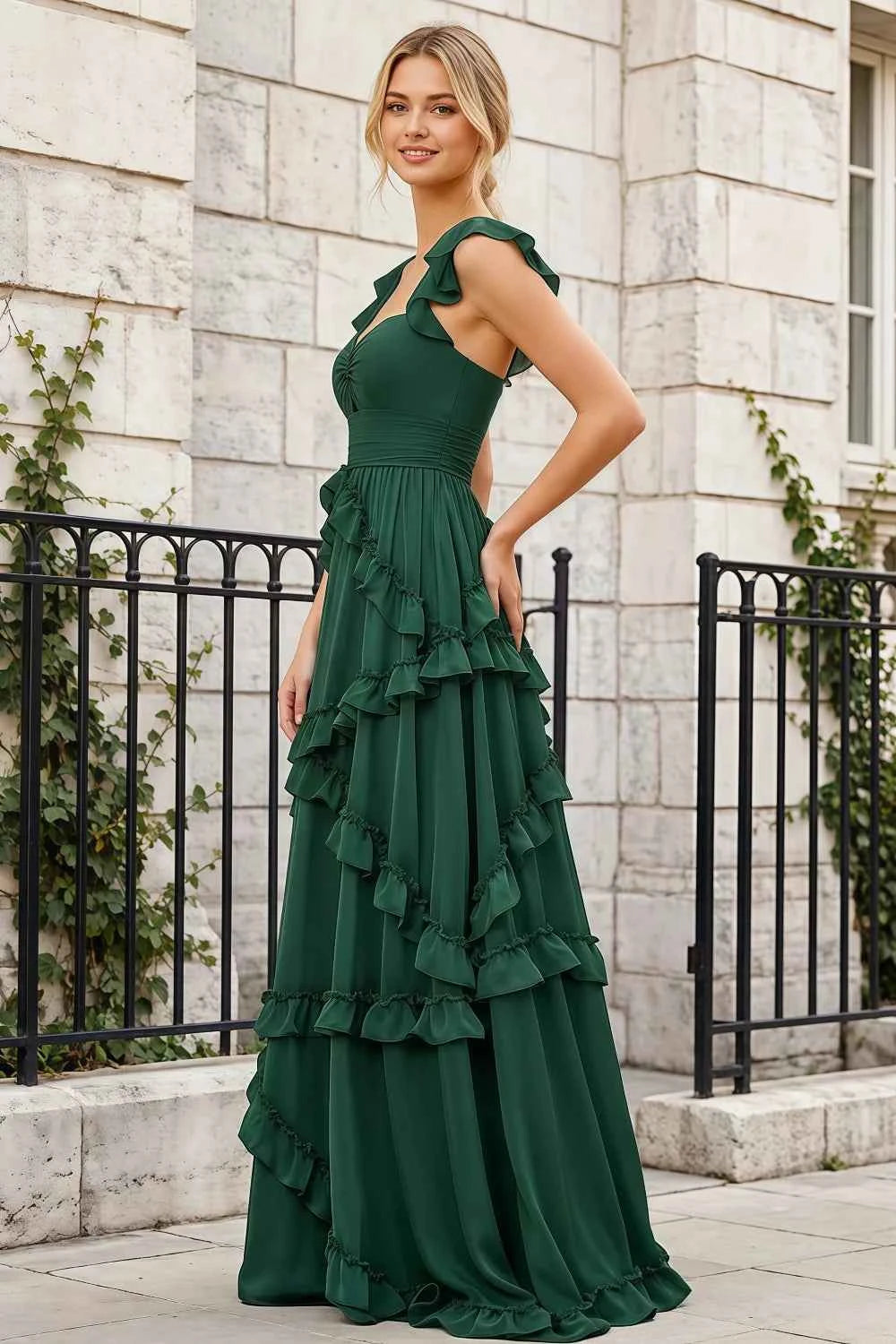 Johanna Emerald Green Chiffon Cutout Ruffles Maxi Dress