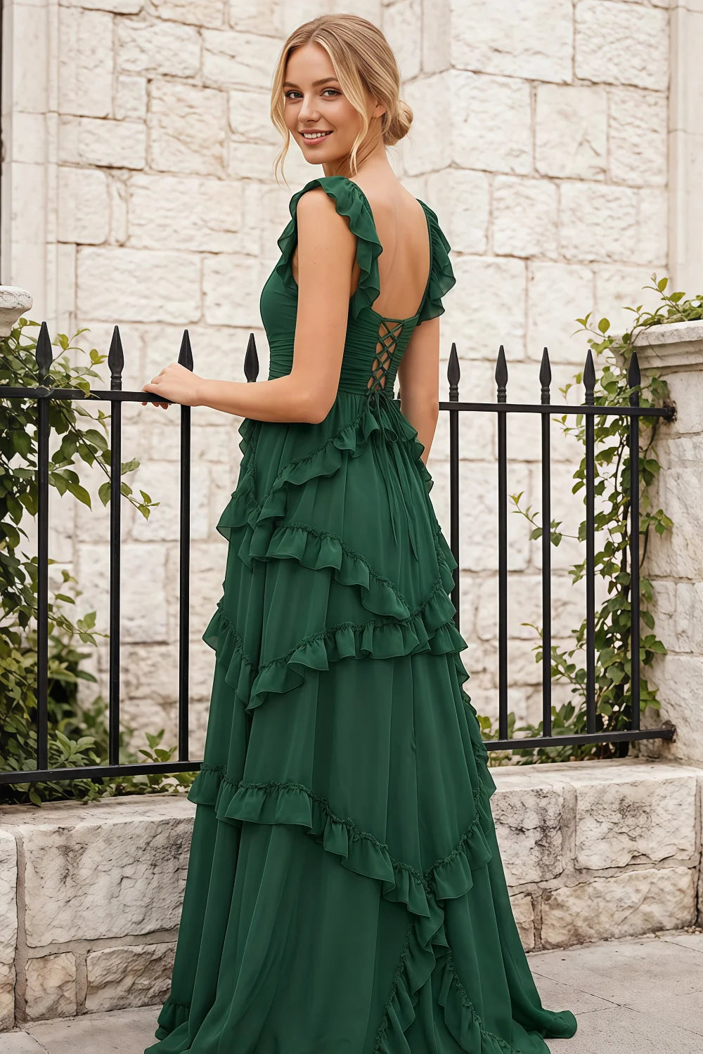 Johanna Emerald Green Chiffon Cutout Ruffles Maxi Dress