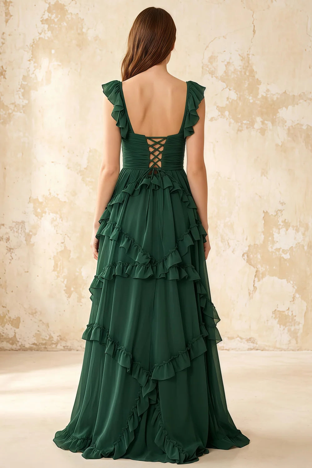 Johanna Emerald Green Chiffon Cutout Ruffles Maxi Dress