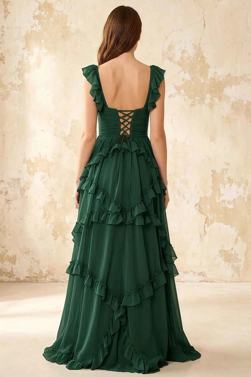 Johanna Emerald Green Chiffon Cutout Ruffles Maxi Dress