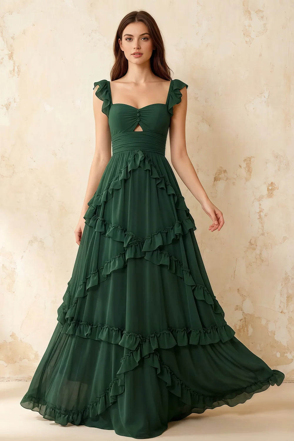 Johanna Emerald Green Chiffon Cutout Ruffles Maxi Dress