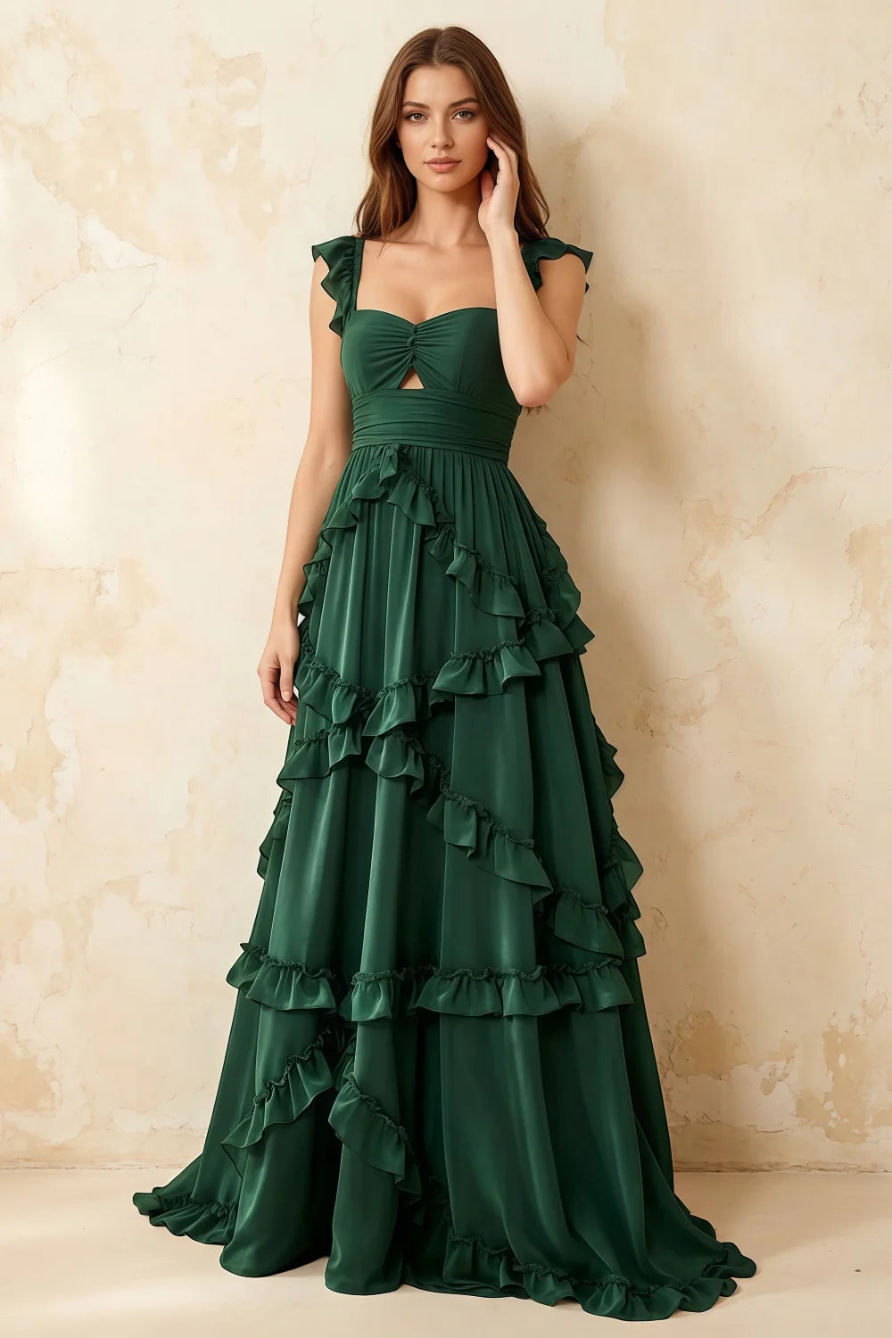 Johanna Emerald Green Chiffon Cutout Ruffles Maxi Dress