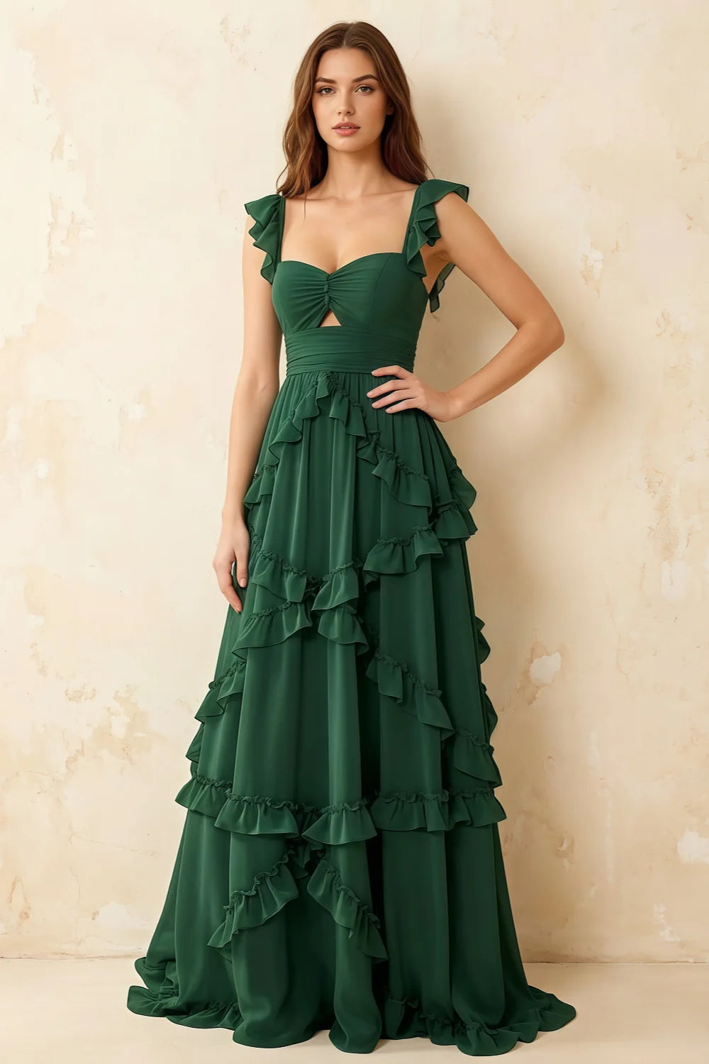 Johanna Emerald Green Chiffon Cutout Ruffles Maxi Dress