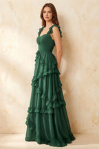 Johanna Emerald Green Chiffon Cutout Ruffles Maxi Dress