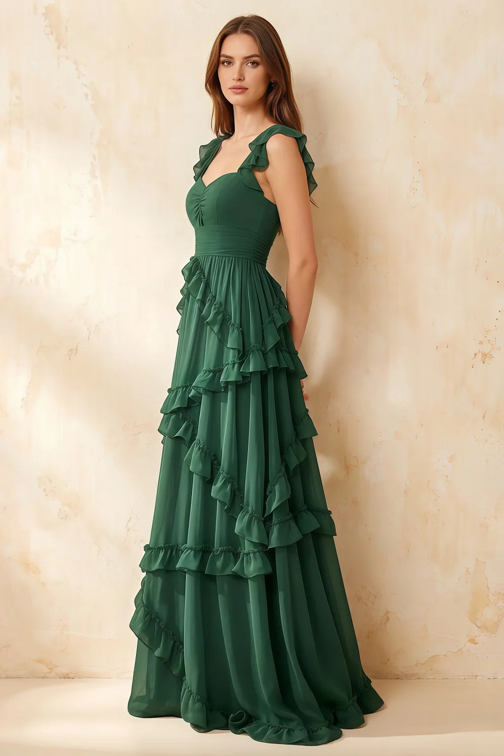 Johanna Emerald Green Chiffon Cutout Ruffles Maxi Dress