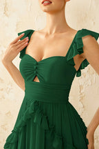 Johanna Emerald Green Chiffon Cutout Ruffles Maxi Dress