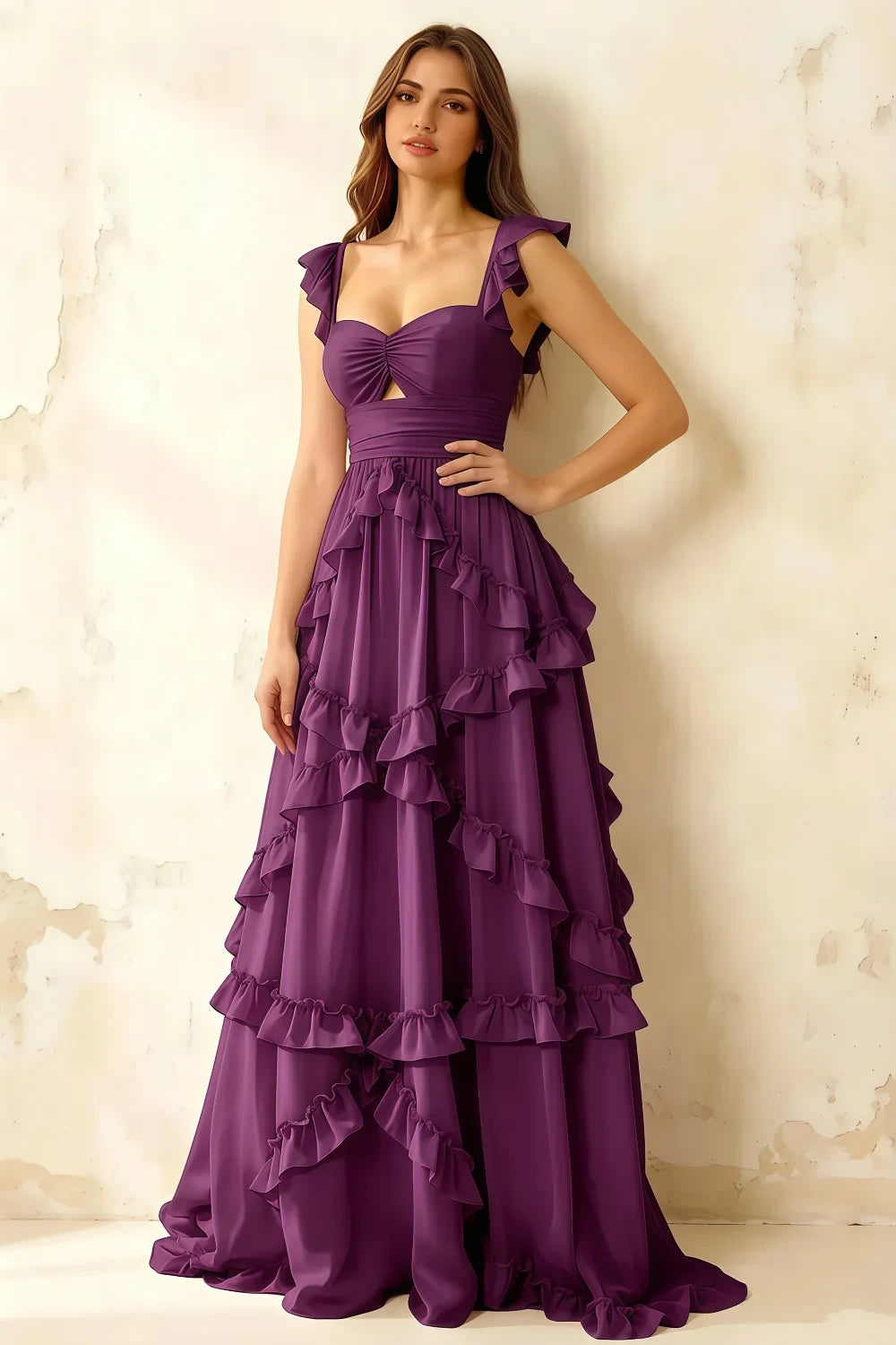 Johanna Grape Chiffon Cutout Ruffles Maxi Dress Main image