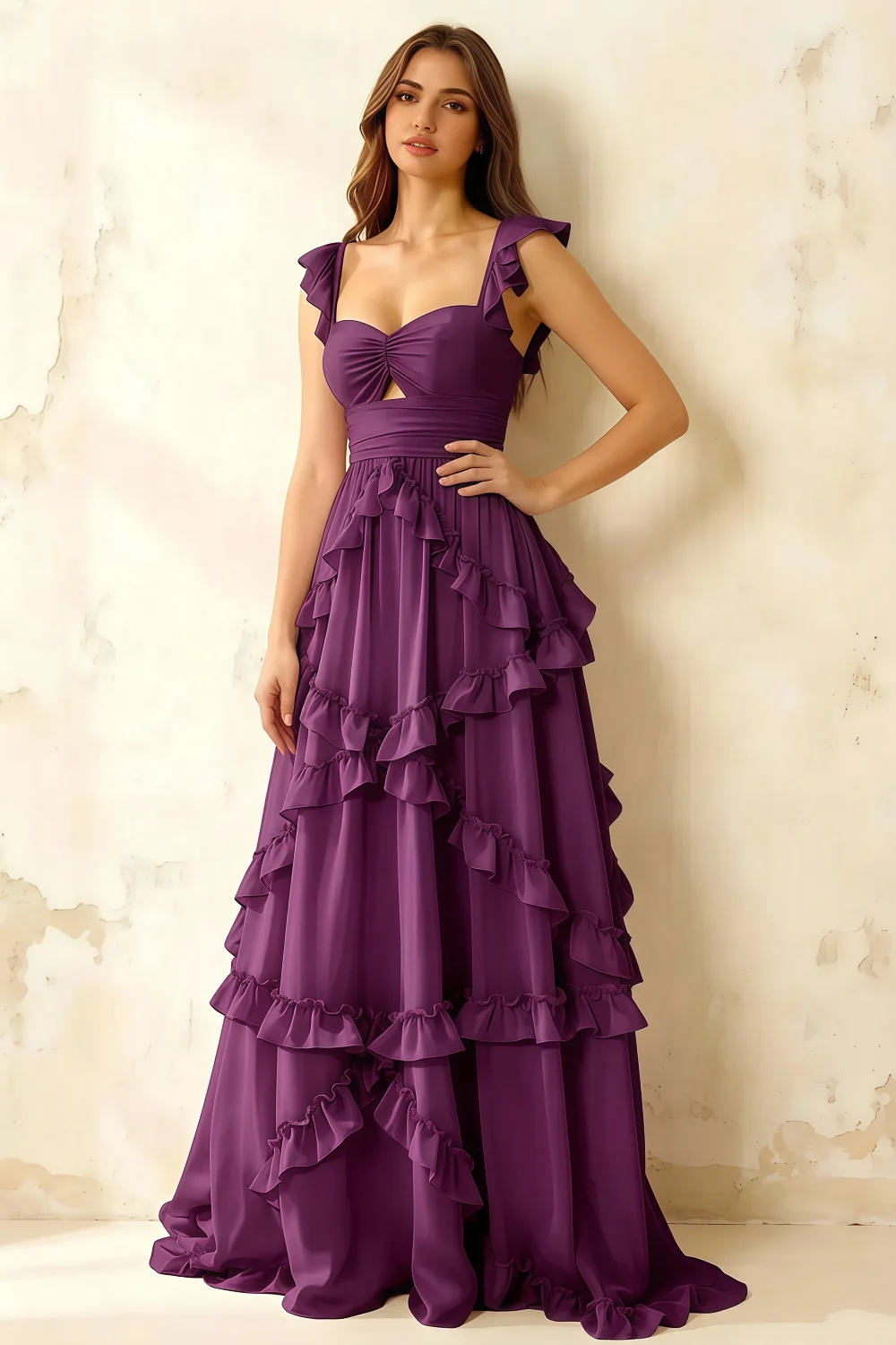 Johanna Grape Chiffon Cutout Ruffles Maxi Dress