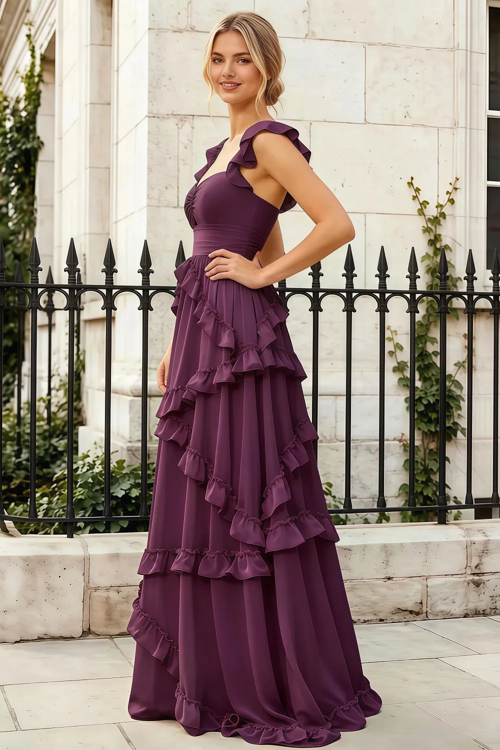 Johanna Grape Chiffon Cutout Ruffles Maxi Dress