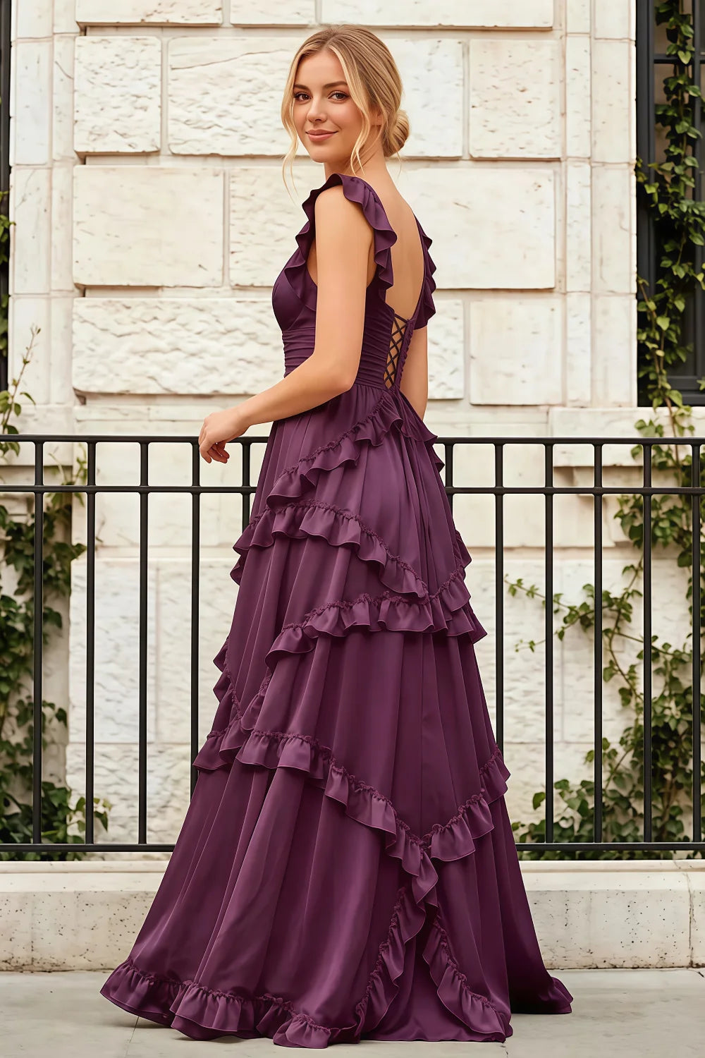 Johanna Grape Chiffon Cutout Ruffles Maxi Dress