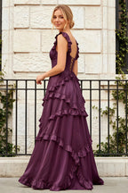 Johanna Grape Chiffon Cutout Ruffles Maxi Dress