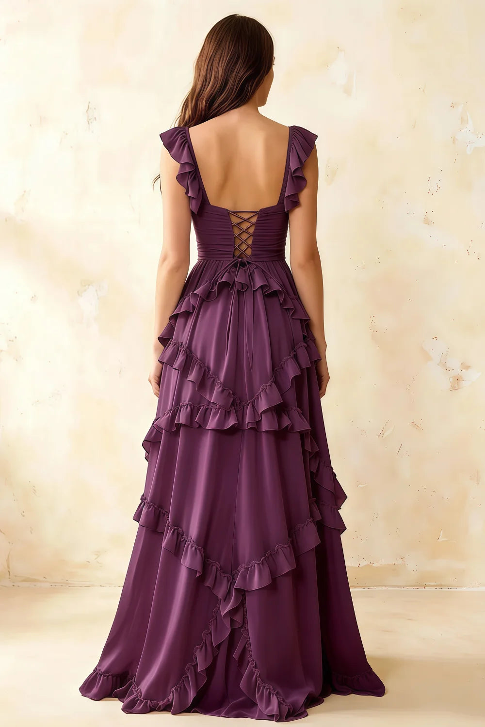 Johanna Grape Chiffon Cutout Ruffles Maxi Dress