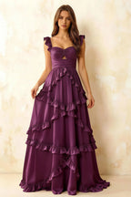 Johanna Grape Chiffon Cutout Ruffles Maxi Dress
