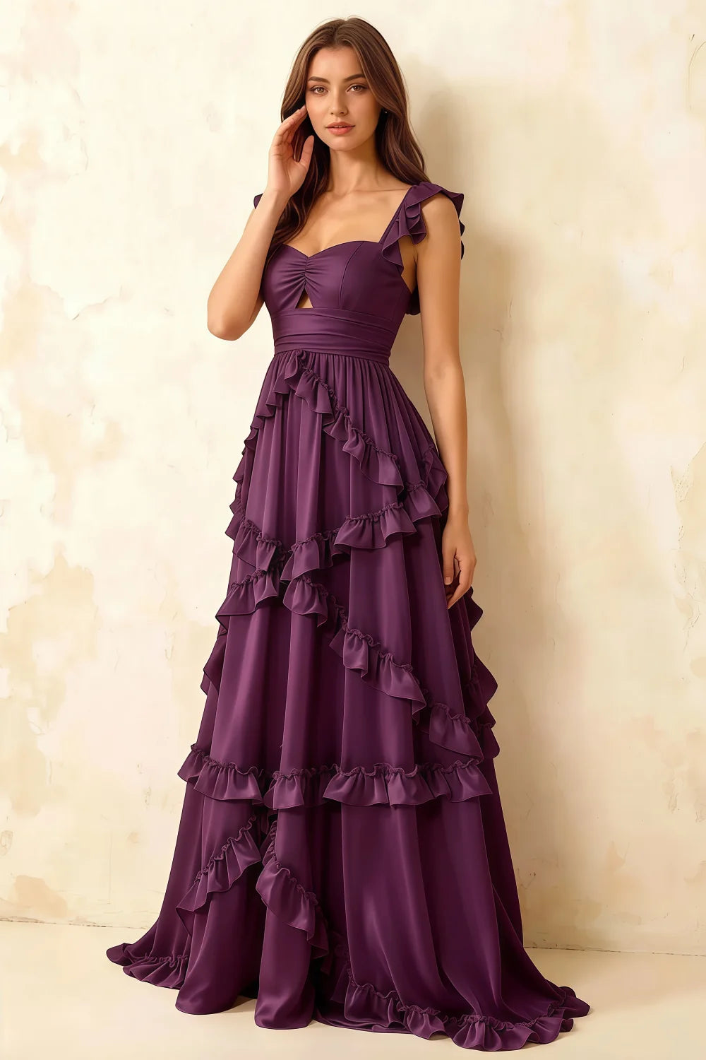 Johanna Grape Chiffon Cutout Ruffles Maxi Dress