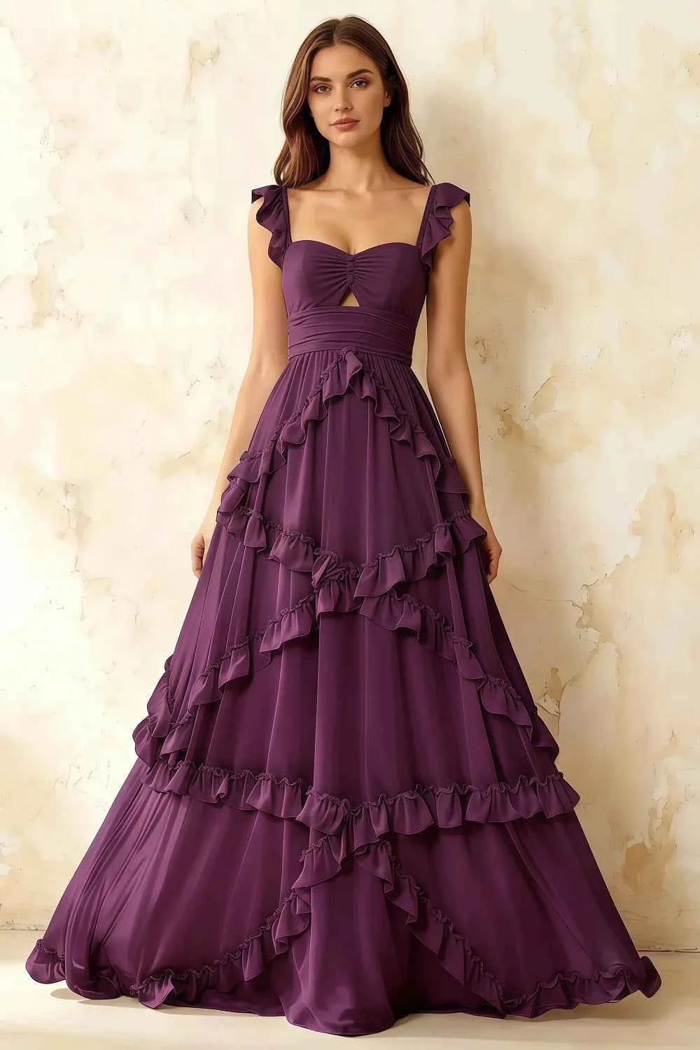 Johanna Grape Chiffon Cutout Ruffles Maxi Dress
