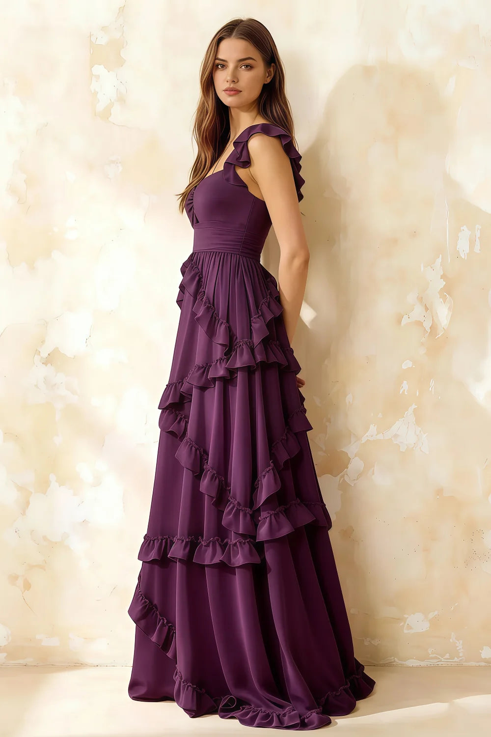 Johanna Grape Chiffon Cutout Ruffles Maxi Dress