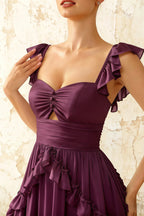 Johanna Grape Chiffon Cutout Ruffles Maxi Dress