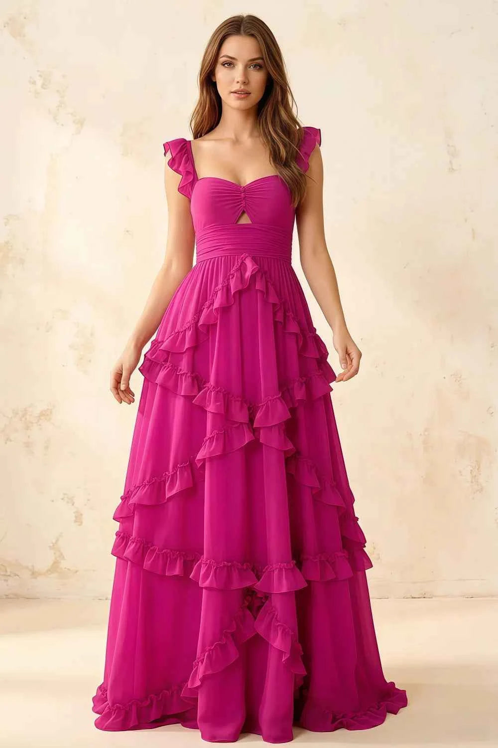 Johanna Hot Pink Chiffon Cutout Ruffles Maxi Dress Main image