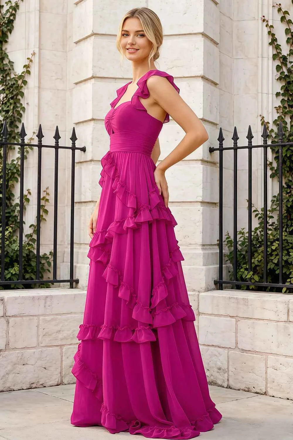 Johanna Hot Pink Chiffon Cutout Ruffles Maxi Dress Secondary image
