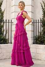 Johanna Hot Pink Chiffon Cutout Ruffles Maxi Dress