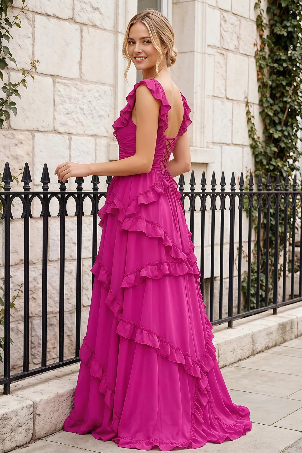 Johanna Hot Pink Chiffon Cutout Ruffles Maxi Dress