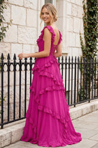 Johanna Hot Pink Chiffon Cutout Ruffles Maxi Dress
