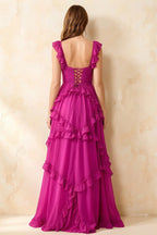 Johanna Hot Pink Chiffon Cutout Ruffles Maxi Dress