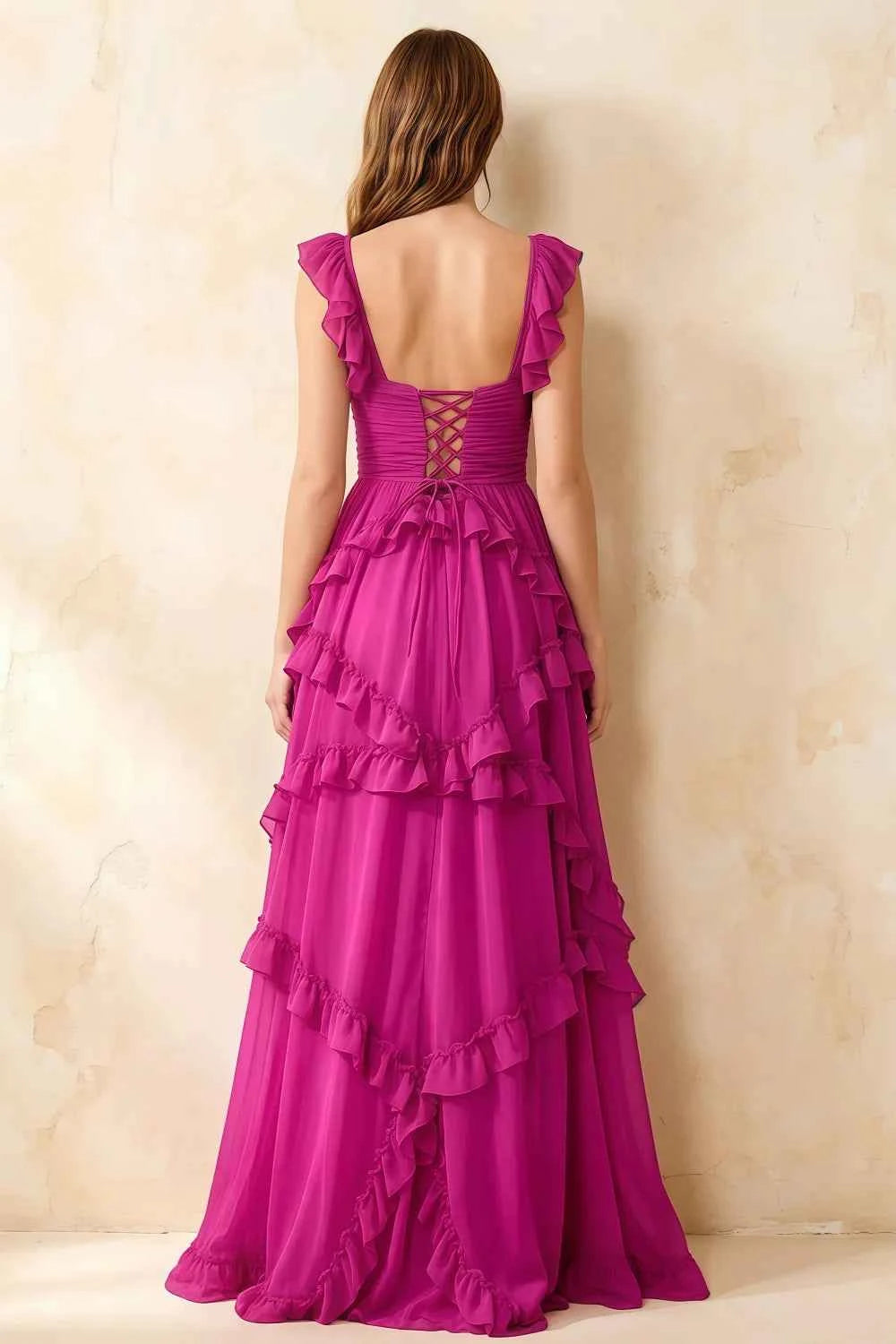 Johanna Hot Pink Chiffon Cutout Ruffles Maxi Dress