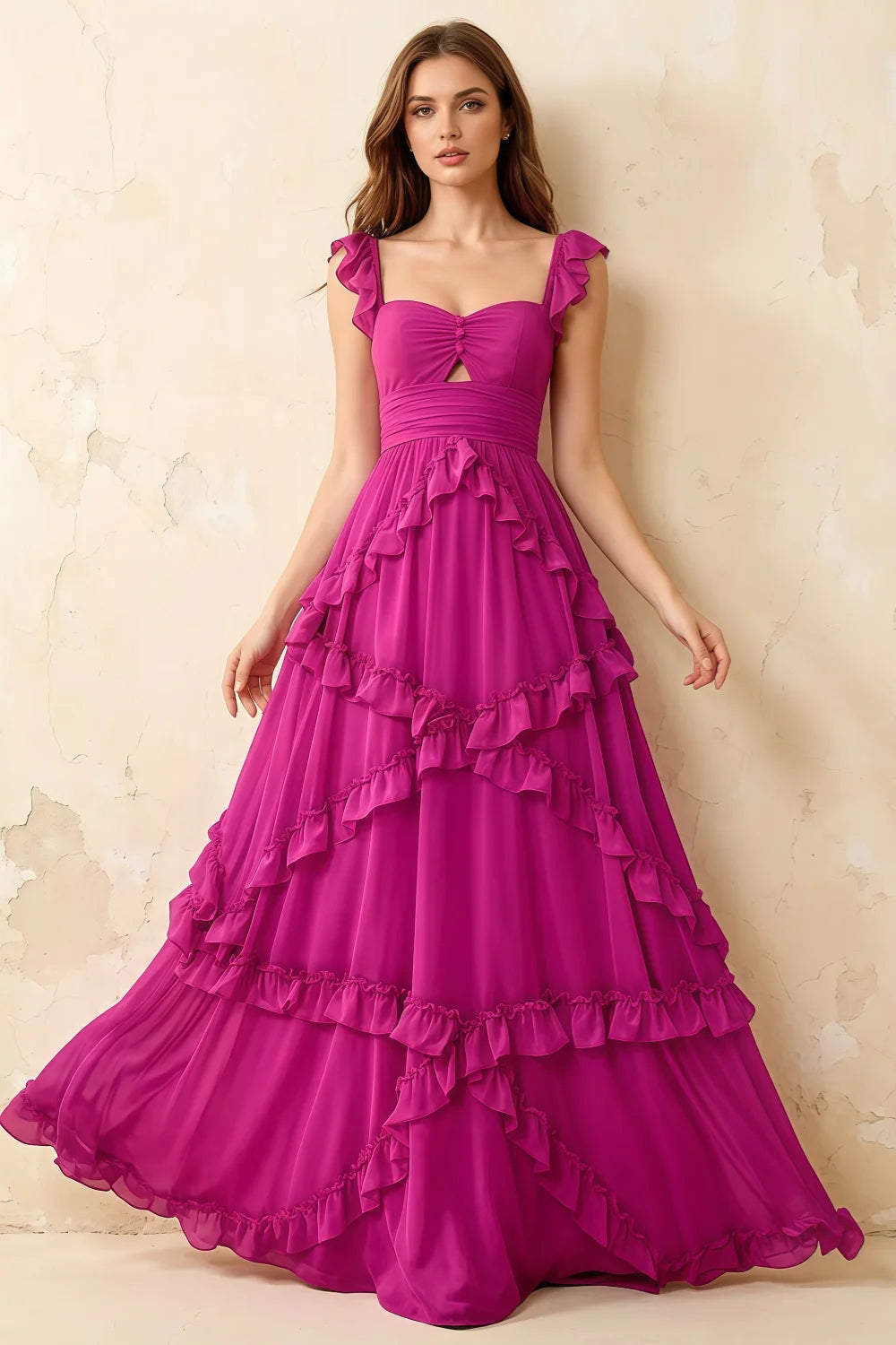 Johanna Hot Pink Chiffon Cutout Ruffles Maxi Dress