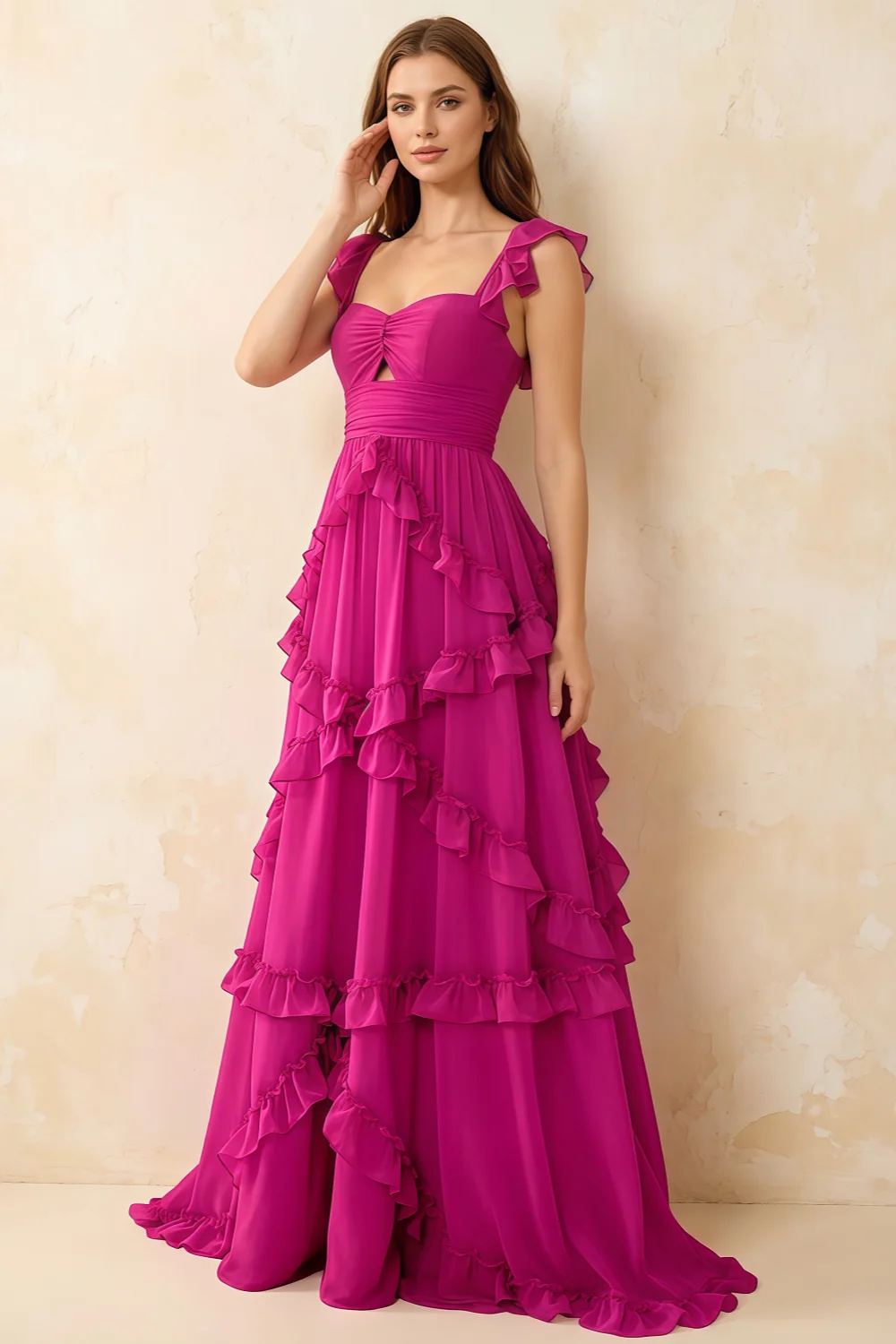 Johanna Hot Pink Chiffon Cutout Ruffles Maxi Dress