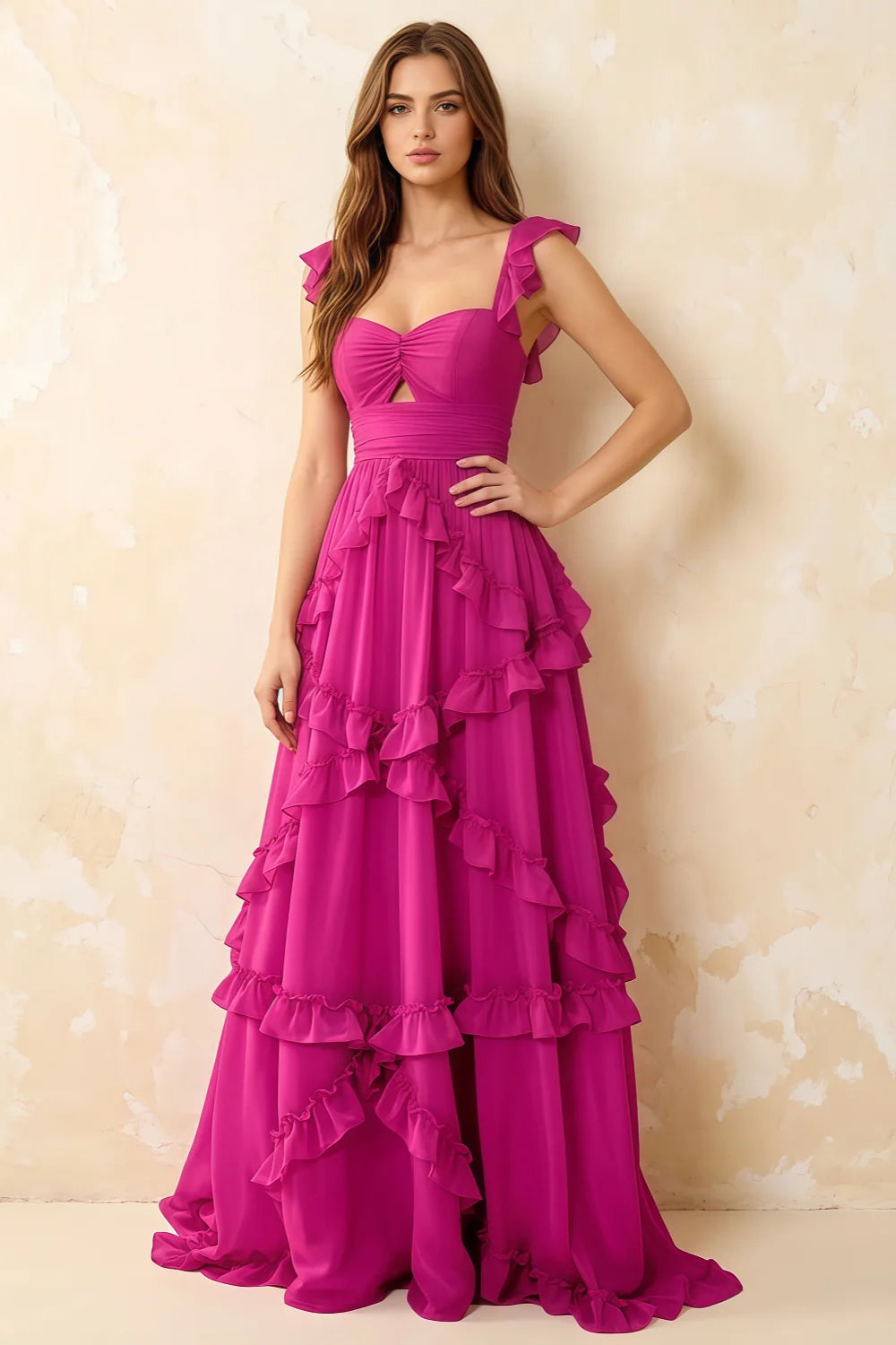 Johanna Hot Pink Chiffon Cutout Ruffles Maxi Dress