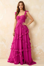 Johanna Hot Pink Chiffon Cutout Ruffles Maxi Dress
