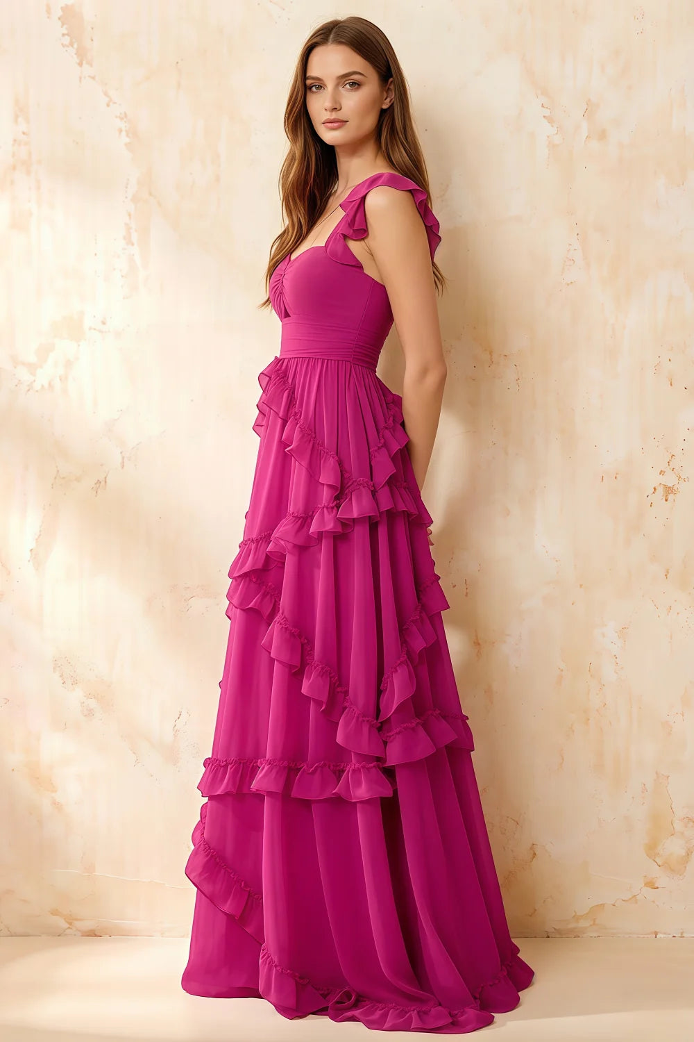 Johanna Hot Pink Chiffon Cutout Ruffles Maxi Dress