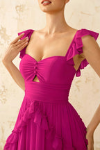 Johanna Hot Pink Chiffon Cutout Ruffles Maxi Dress