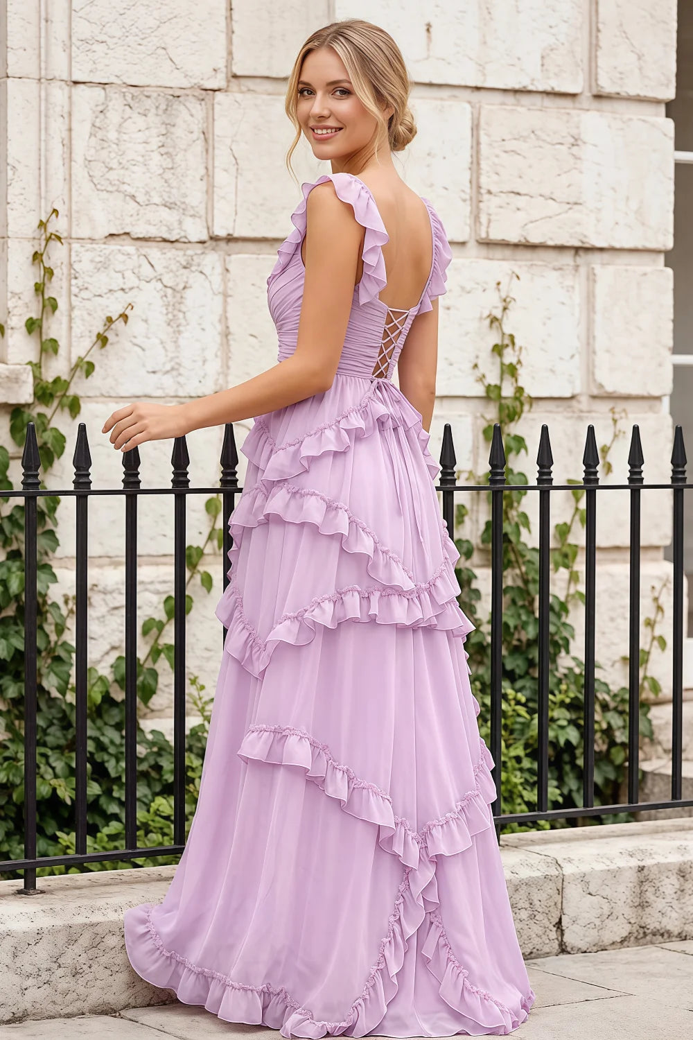 Johanna Lilac Chiffon Cutout Ruffles Maxi Dress