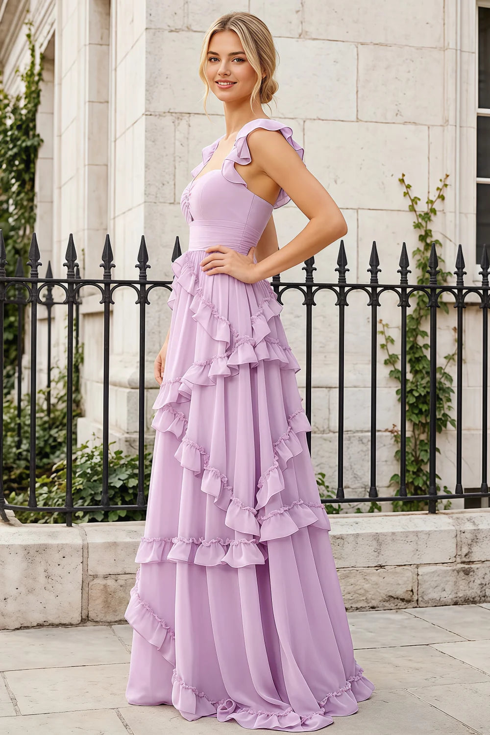 Johanna Lilac Chiffon Cutout Ruffles Maxi Dress