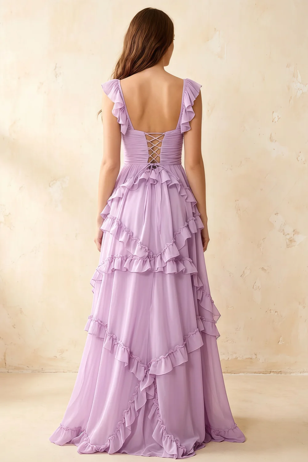 Johanna Lilac Chiffon Cutout Ruffles Maxi Dress