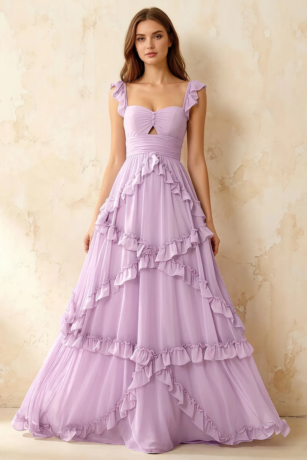 Johanna Lilac Chiffon Cutout Ruffles Maxi Dress
