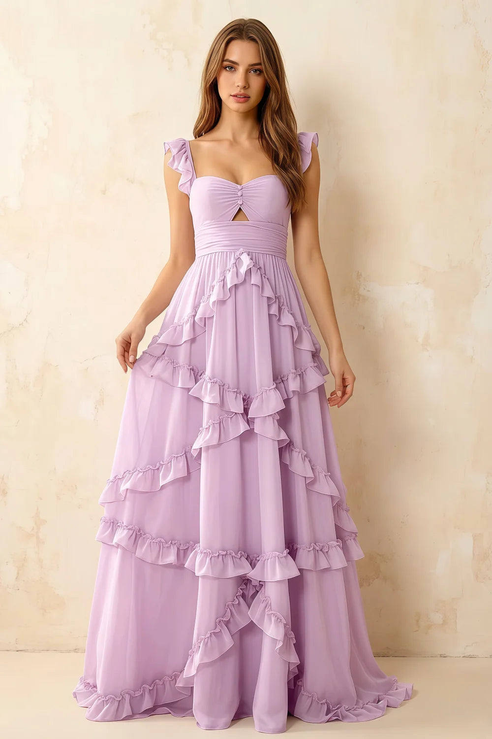 Johanna Lilac Chiffon Cutout Ruffles Maxi Dress