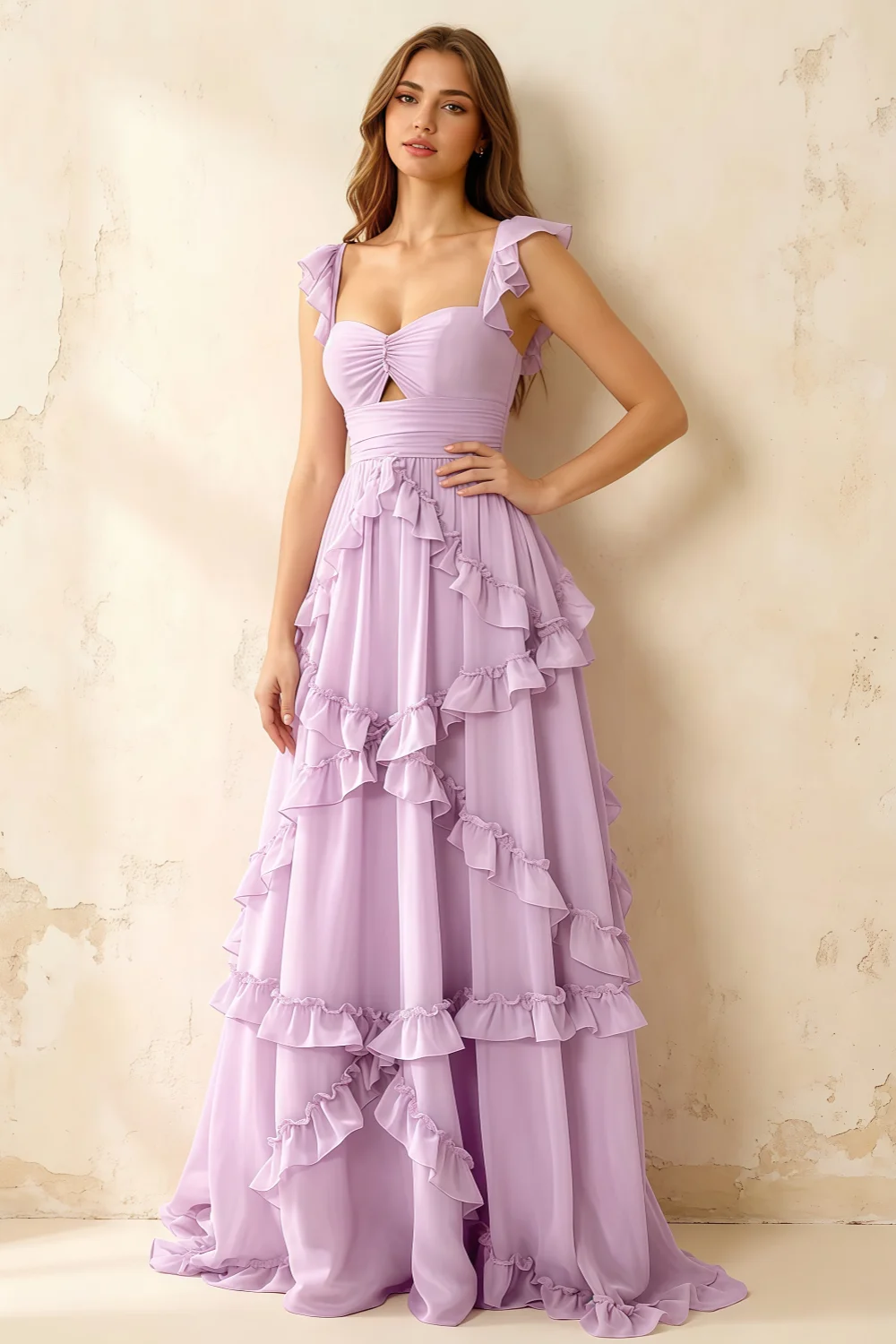 Johanna Lilac Chiffon Cutout Ruffles Maxi Dress