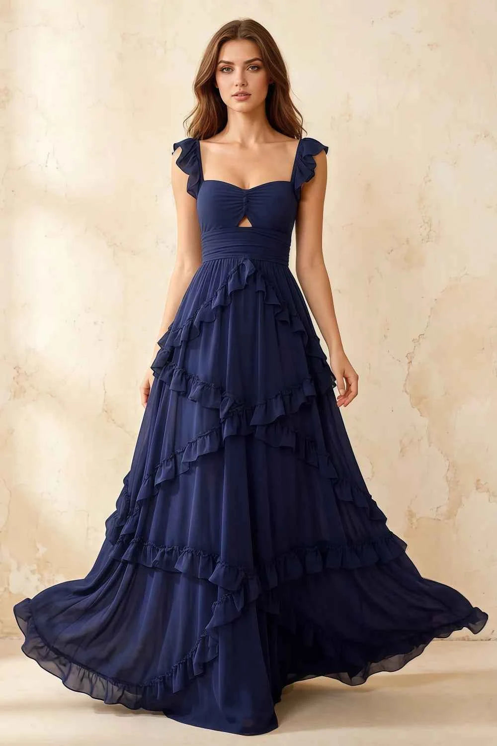 Johanna Navy Blue Chiffon Cutout Ruffles Maxi Dress Imagen principal del producto