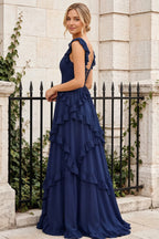 Johanna Navy Blue Chiffon Cutout Ruffles Maxi Dress